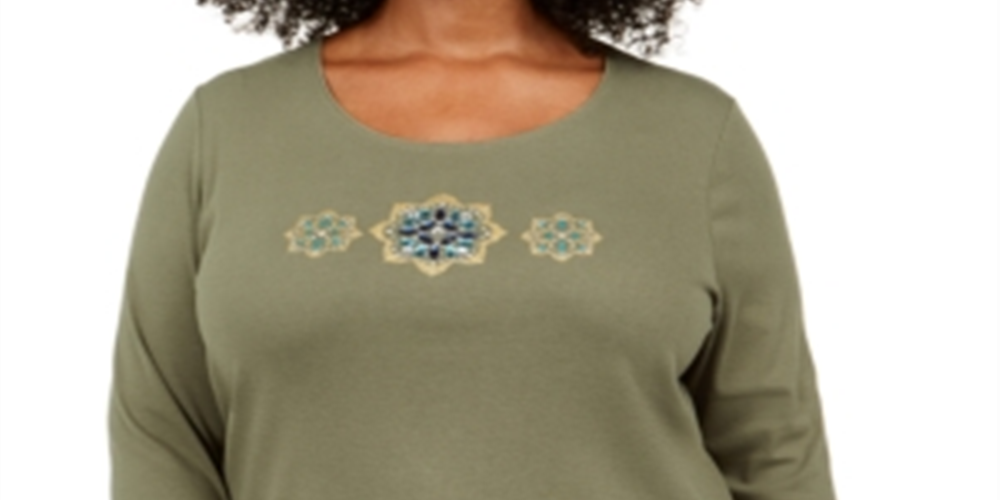 Karen Scott Camisa Plus Size Feminina com Lantejoulas e Flores Verde Tamanho 4X