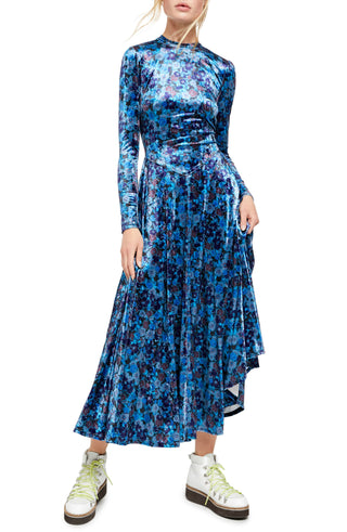 Vestido midi com estampa floral de veludo Heartland da Free People, tamanho pequeno, azul