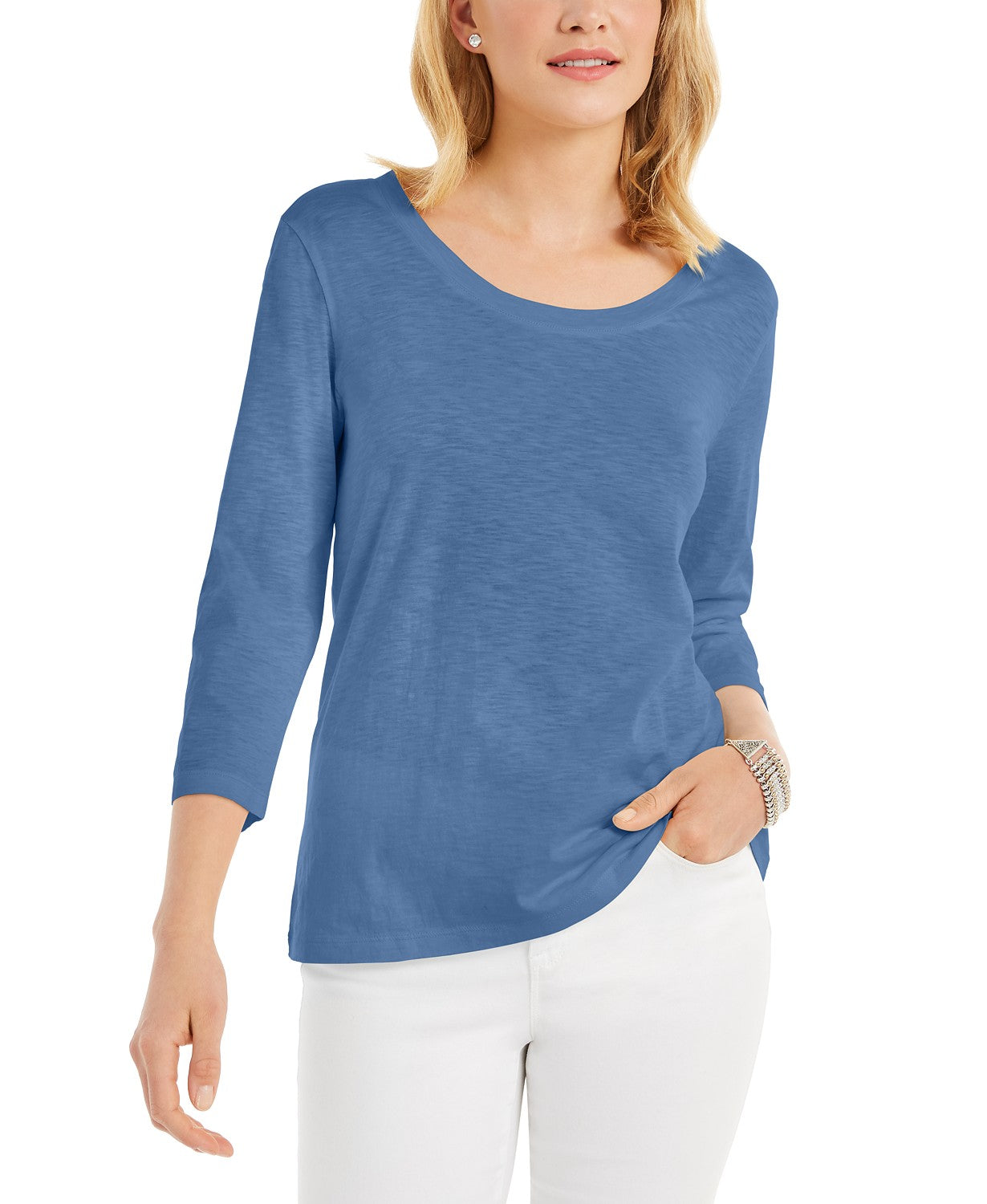 Blusa feminina estilo &amp; co, manga 3/4, decote redondo, azul, tamanho grande
