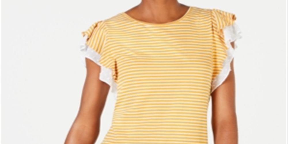 Blusa listrada com mangas esvoaçantes Maison Jules feminina, amarela, tamanho grande