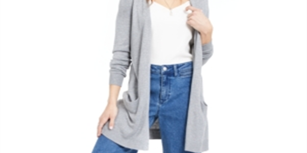 Cardigan feminino aberto de manga comprida Maison Jules, cinza, tamanho médio