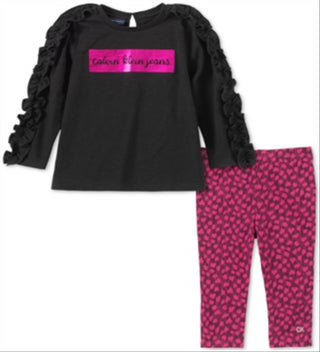 Conjunto de túnica com babados e leggings estampadas Calvin Klein para meninas, preto, vários tamanhos, 3T