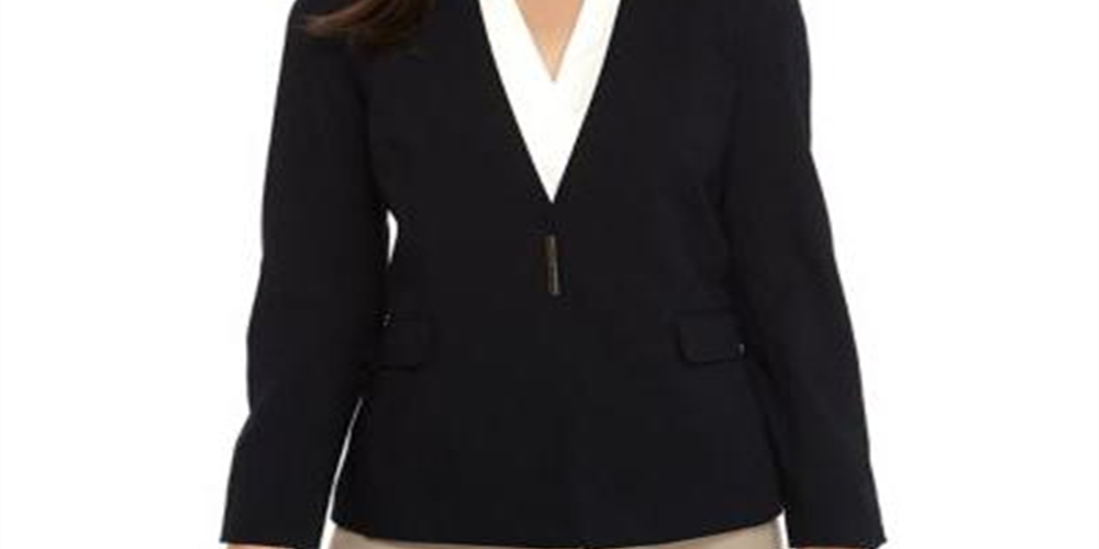 Calvin Klein Blazer Feminino Sem Gola e Botão Único Azul Marinho Tamanho 16