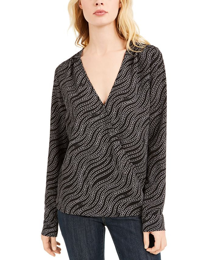 Blusa cruzada com estampa de corrente feminina Michael Kors, cinza, tamanho grande