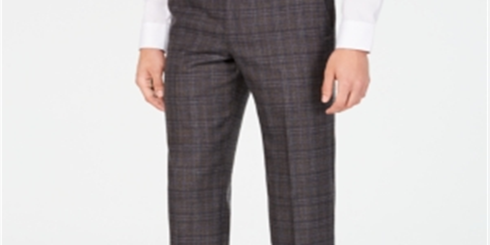 Calça de terno masculina Michael Kors Classic/Regular Fit Airsoft Stretch Marrom/Azul Xadrez - Tamanho 32X30