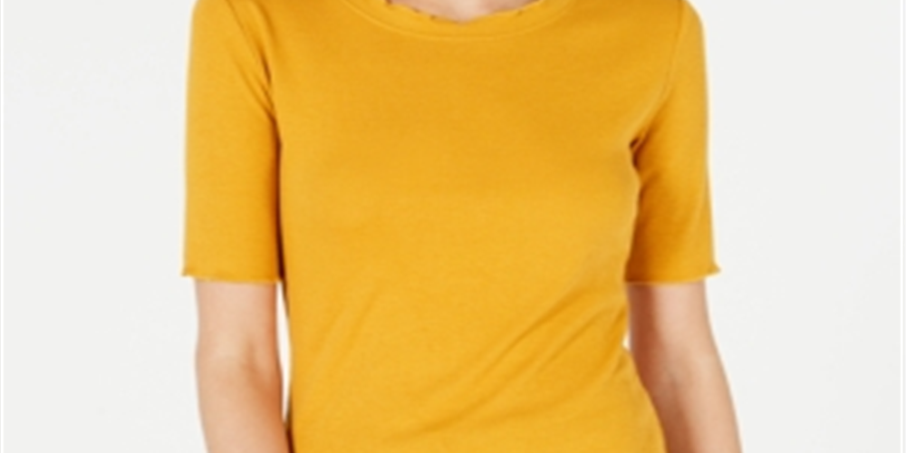 Blusa Maison Jules com gola redonda e mangas cotovelo, amarelo papoula dourada, tamanho GG