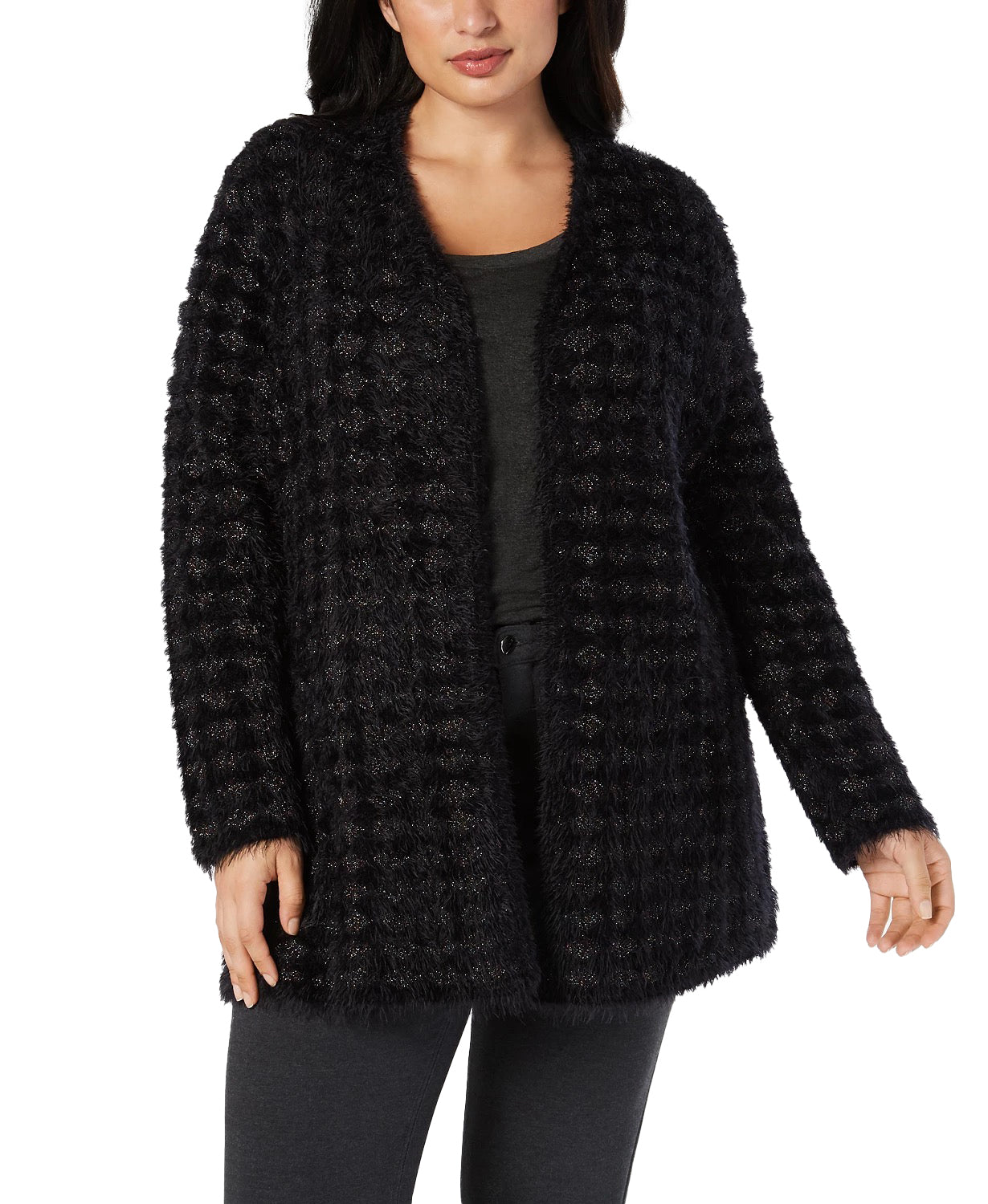 Cardigan estampado Alfani Plus Eyelash Yarn feminino, preto, tamanho 0X