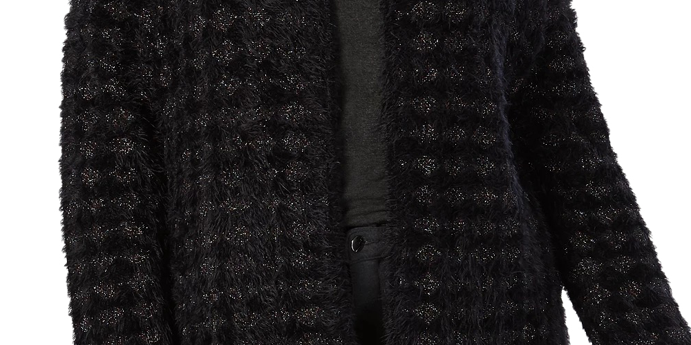 Cardigan estampado Alfani Plus Eyelash Yarn feminino, preto, tamanho 0X