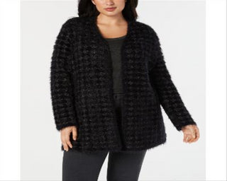 Cardigan estampado Alfani Plus Eyelash Yarn feminino, preto, tamanho 0X