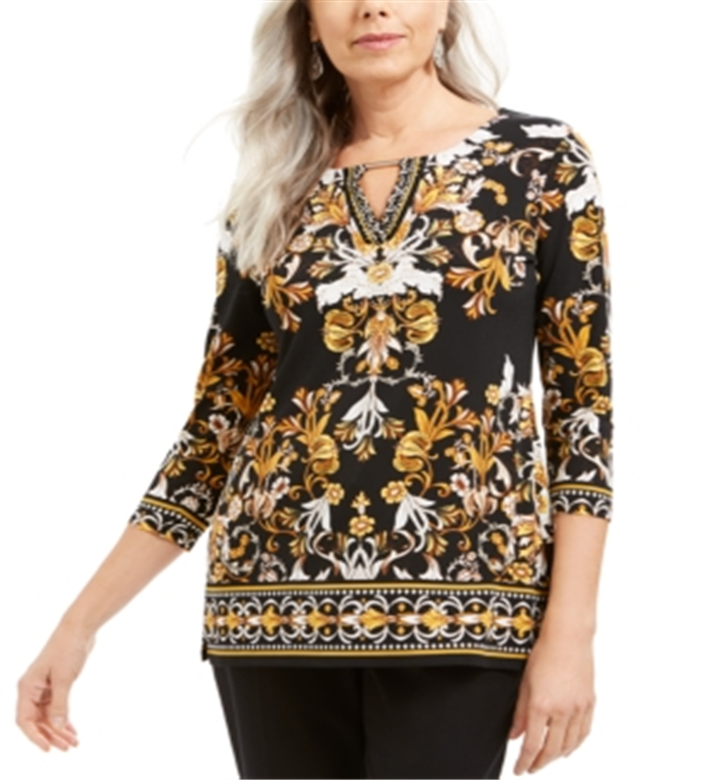 Túnica feminina com decote em V e mangas curtas JM Collection, preta, tamanho PP