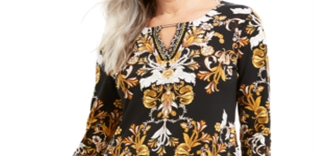 Túnica feminina com decote em V e mangas curtas JM Collection, preta, tamanho PP