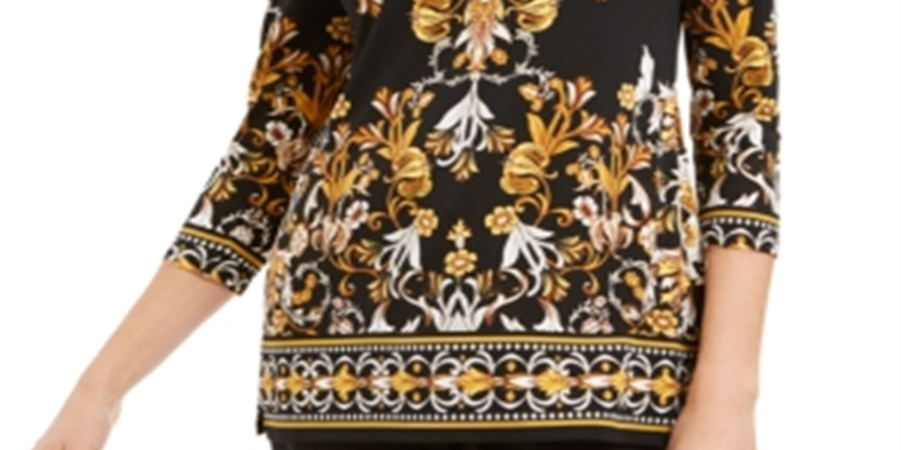 Túnica feminina com decote em V e mangas curtas JM Collection, preta, tamanho PP