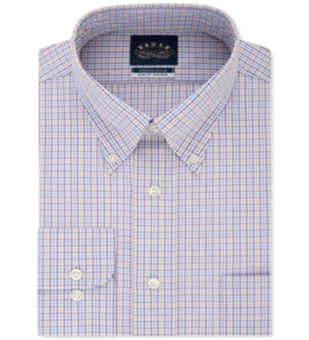 Camisa social masculina Eagle Tattersall Point Collar Slim Fit, sem passar a ferro, roxa, tamanho 2XL 18-34/3