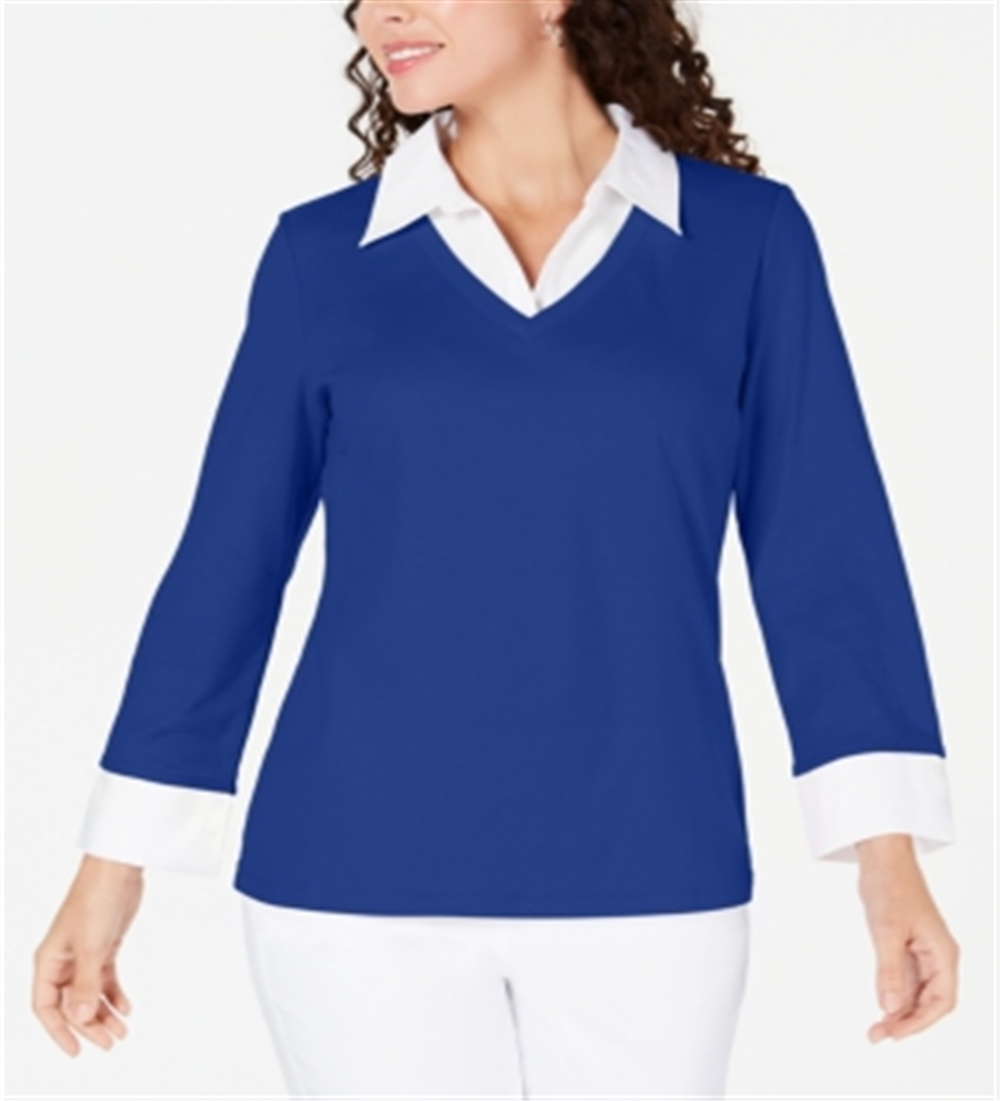 Karen Scott Petite Top de Algodão com Camadas Ultra Azul Tamanho Petite Pequeno