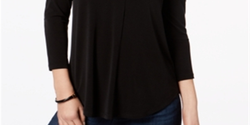Top feminino Charter Club com manga 3/4, preto, tamanho X-S