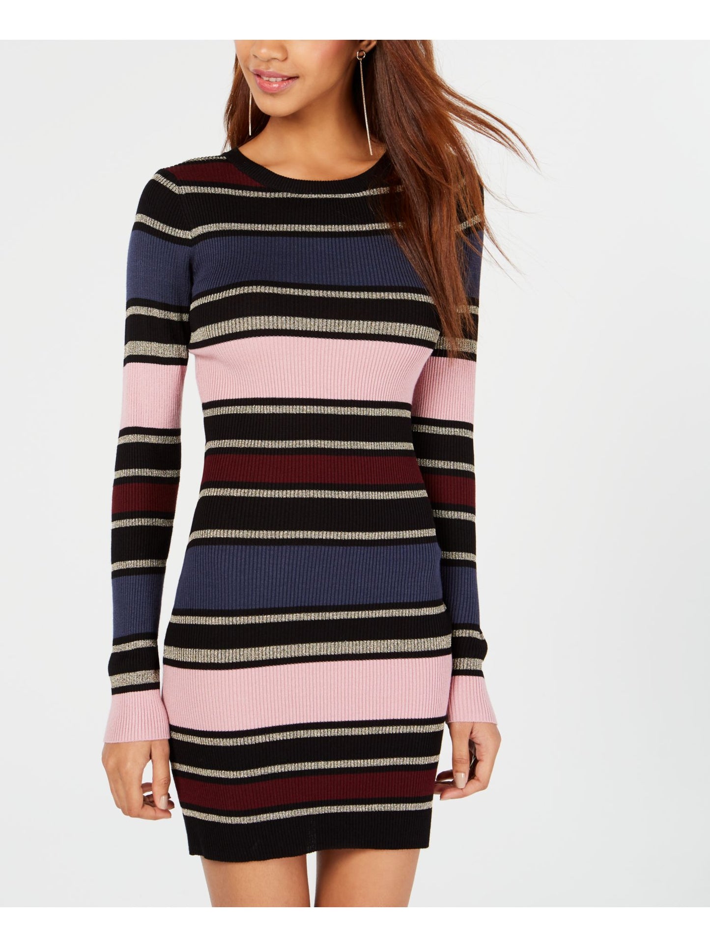 Vestido suéter listrado metálico feminino Planet Gold Junior, azul marinho, tamanho XS