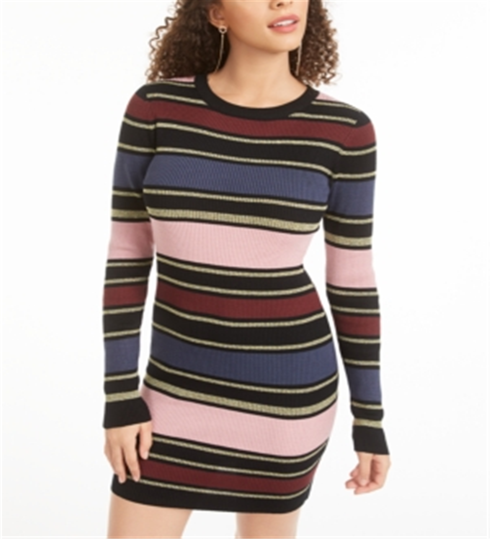 Vestido suéter listrado metálico feminino Planet Gold Junior, azul marinho, tamanho XS