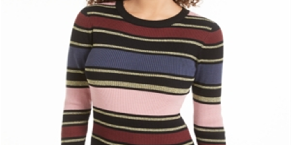 Vestido suéter listrado metálico feminino Planet Gold Junior, azul marinho, tamanho XS