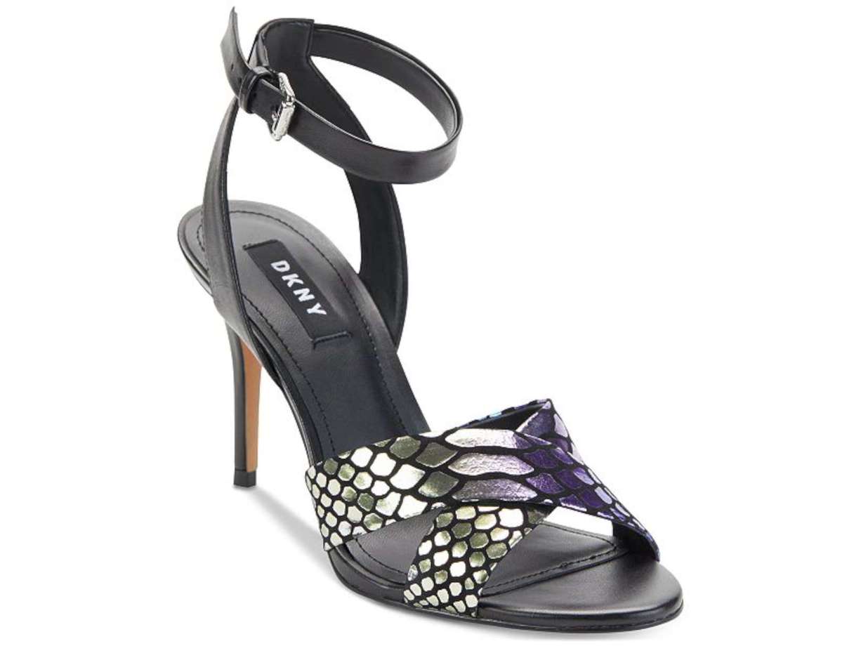 Sandálias femininas DKNY Ivy Leather com tira no tornozelo e bico aberto para ocasiões especiais, cinza, tamanho 9,5