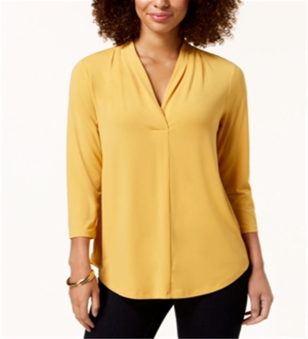 Top feminino Charter Club com decote plissado e manga 3/4, amarelo, tamanho pequeno XL