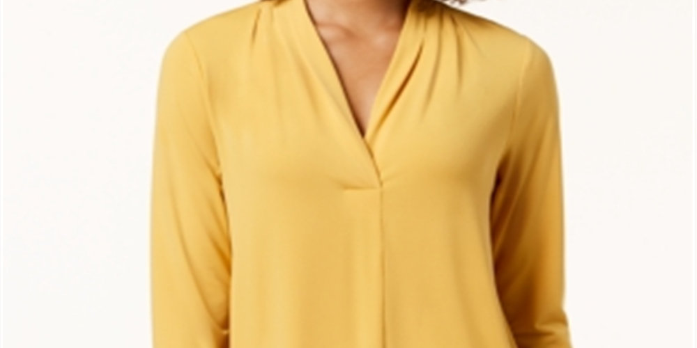 Top feminino Charter Club com decote plissado e manga 3/4, amarelo, tamanho pequeno XL