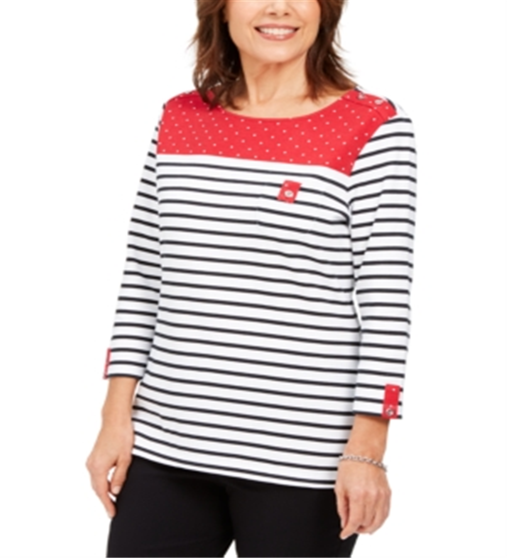 Blusa listrada de bolinhas Karen Scott feminina, vermelha, tamanho pequeno GG