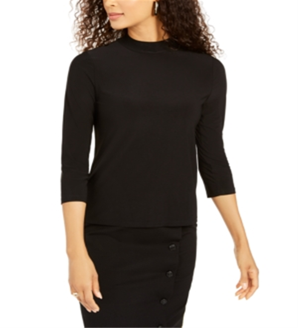 Blusa feminina Kasper com gola falsa e mangas compridas, preta, tamanho grande