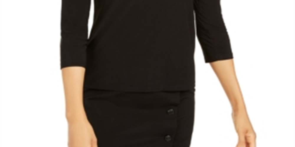 Blusa feminina Kasper com gola falsa e mangas compridas, preta, tamanho grande