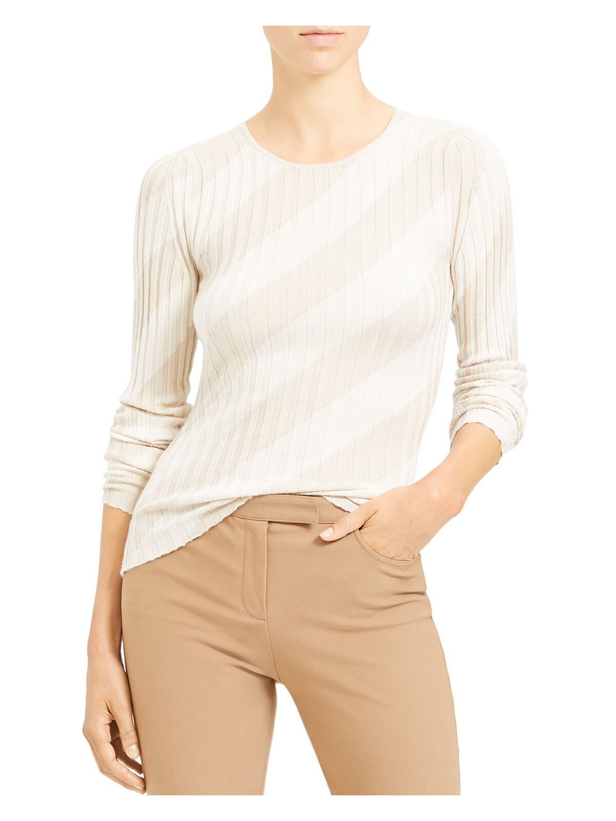 Suéter feminino Theory de seda canelada com gola redonda, tamanho grande, branco