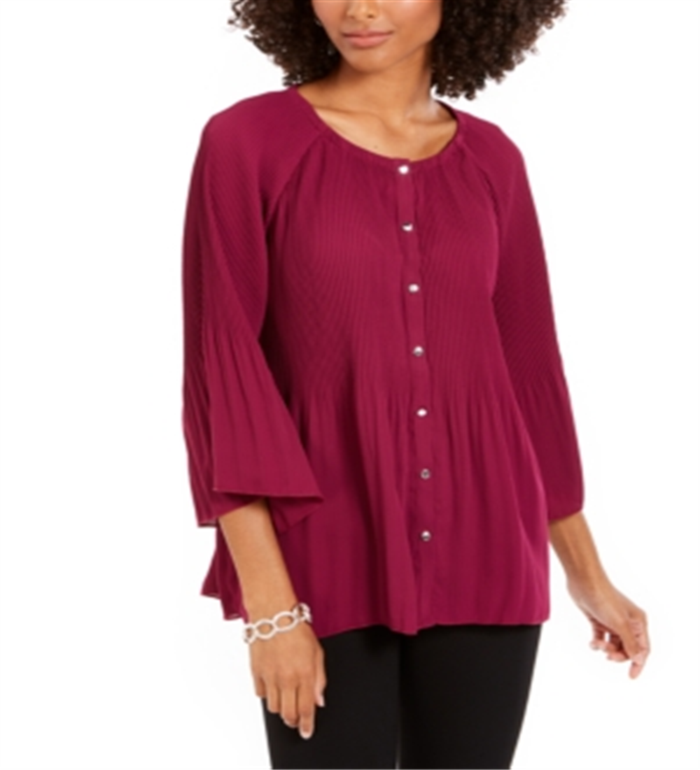 Blusa plissada com botões frontais e manga sino da NY Collection feminina, tamanho roxo - Petite XL
