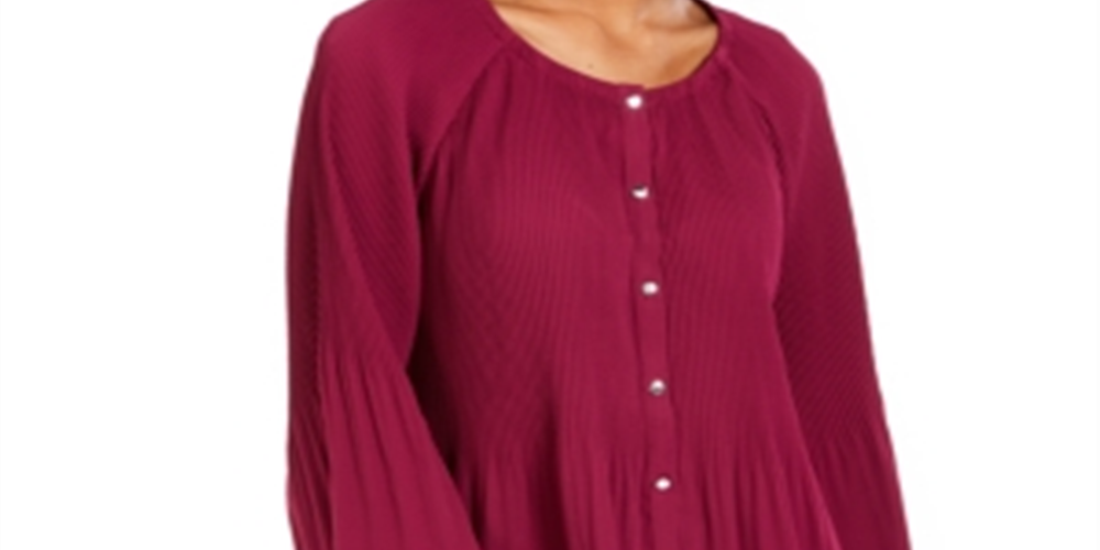 Blusa plissada com botões frontais e manga sino da NY Collection feminina, tamanho roxo - Petite XL
