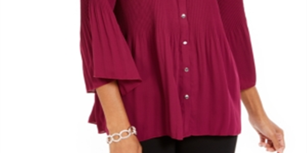 Blusa plissada com botões frontais e manga sino da NY Collection feminina, tamanho roxo - Petite XL