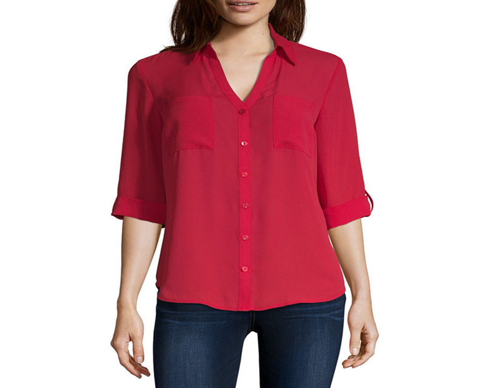 Camisa feminina A. Byer com botões e mangas curtas, carmesim, tamanho M