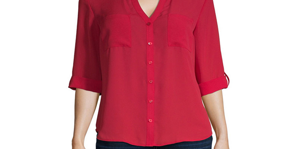 Camisa feminina A. Byer com botões e mangas curtas, carmesim, tamanho M