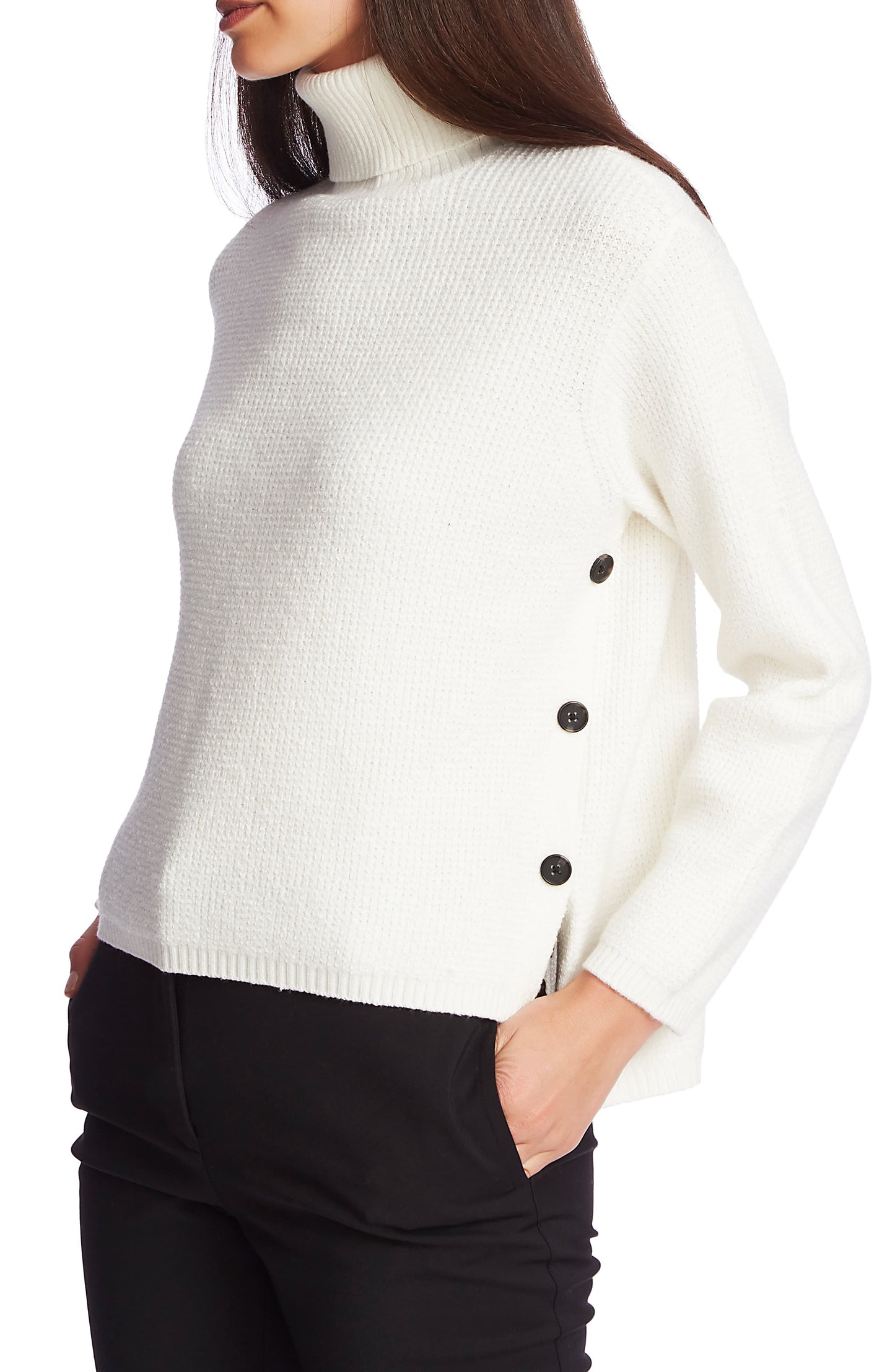 1.STATE Suéter Feminino Grande Gola Alta Botão Lateral Branco Tamanho G