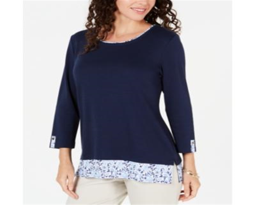 Blusa feminina Karen Scott com acabamento estampado, azul, tamanho pequeno GG