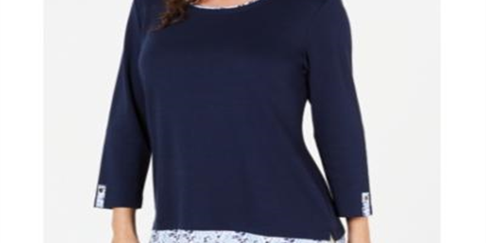 Blusa feminina Karen Scott com acabamento estampado, azul, tamanho pequeno GG