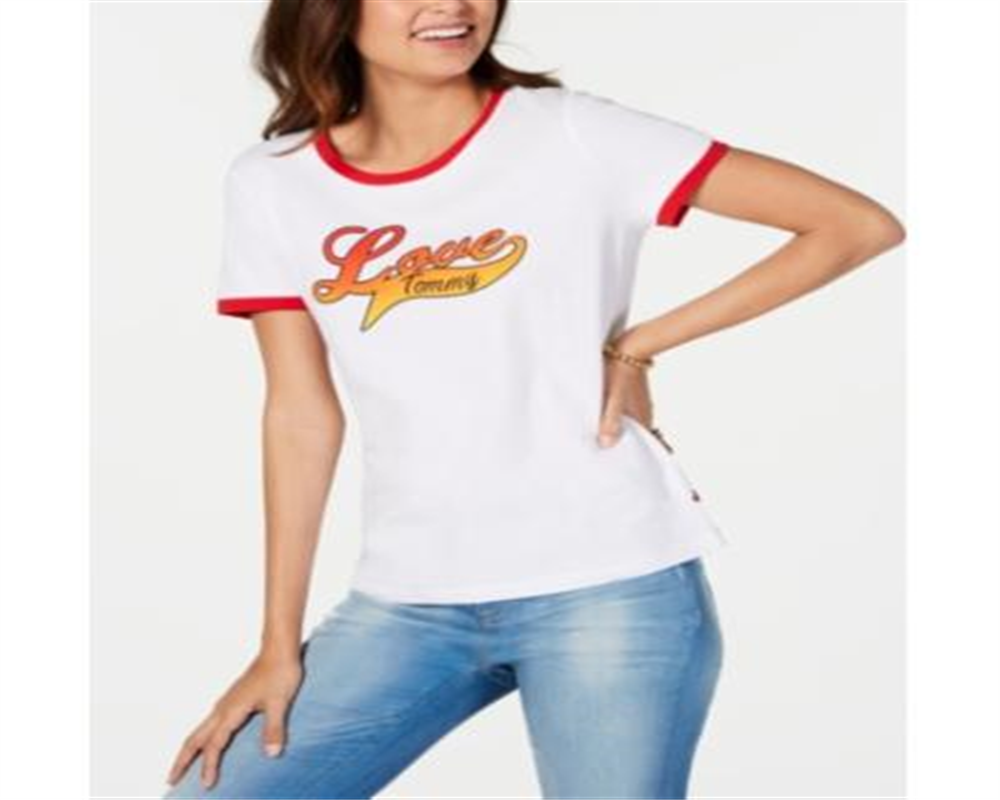 Camiseta Tommy Hilfiger Love-Graphic Ringer Feminina Branca Brilhante Tamanho P