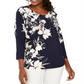 JM Collection Blusa feminina estampada com strass e manga dolman, azul, tamanho P