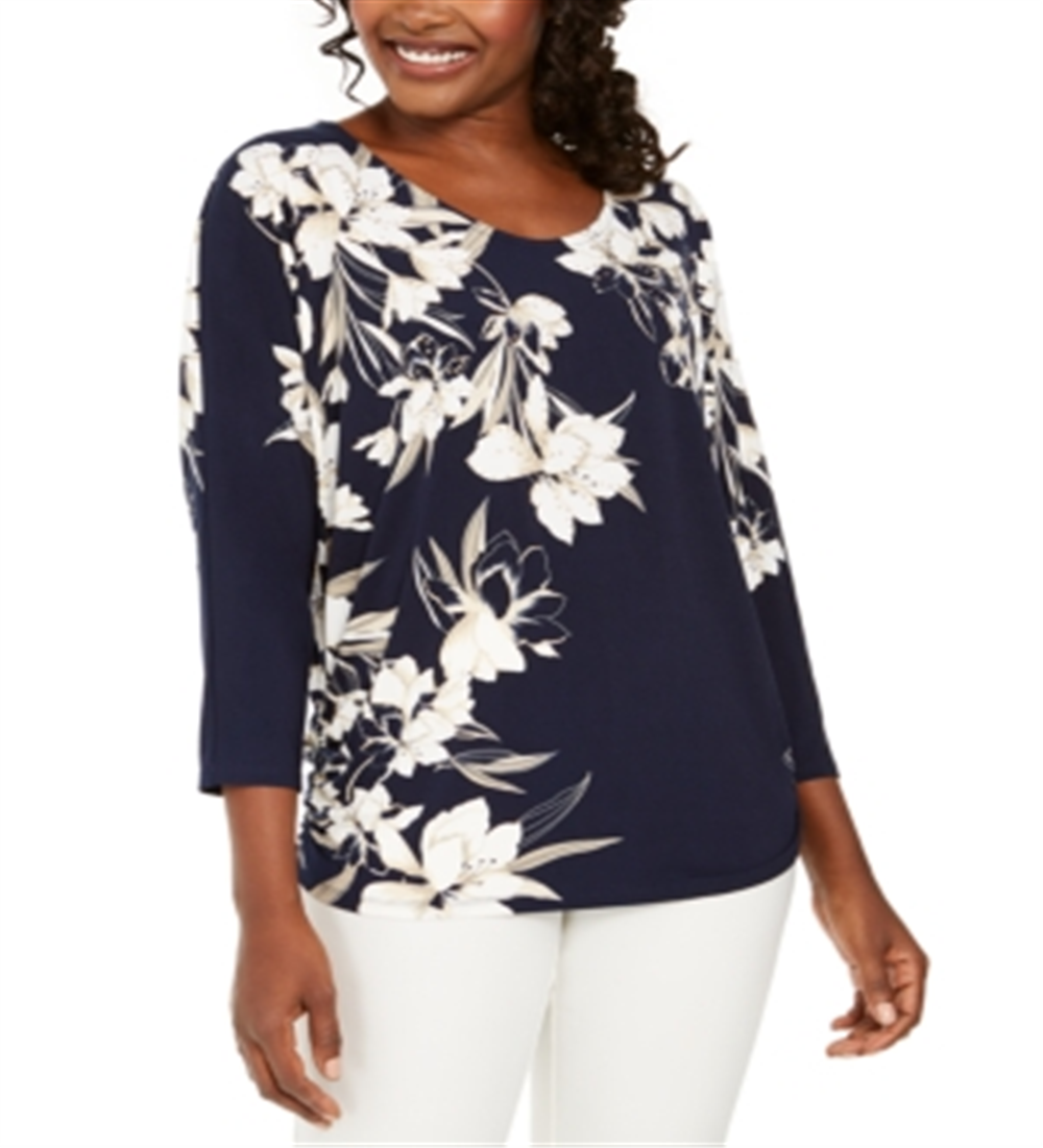 JM Collection Blusa feminina estampada com strass e manga dolman, azul, tamanho P