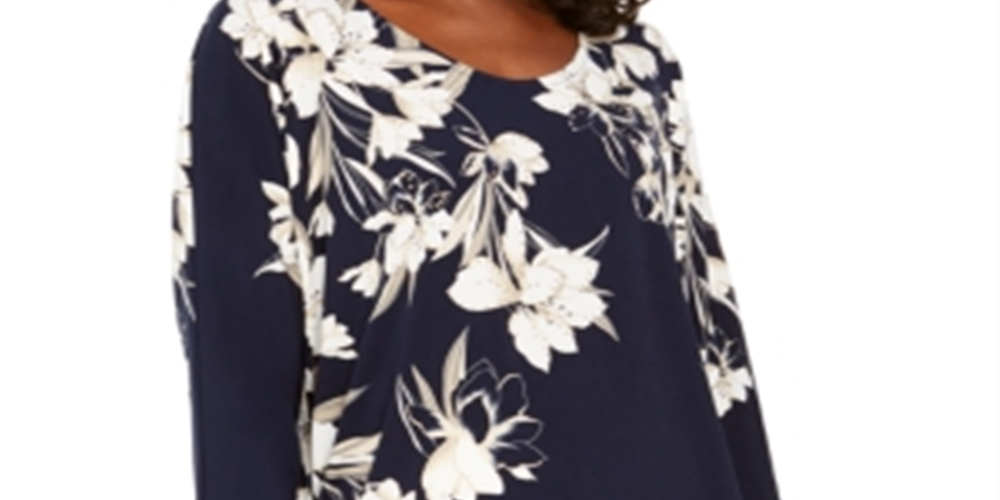 JM Collection Blusa feminina estampada com strass e manga dolman, azul, tamanho P