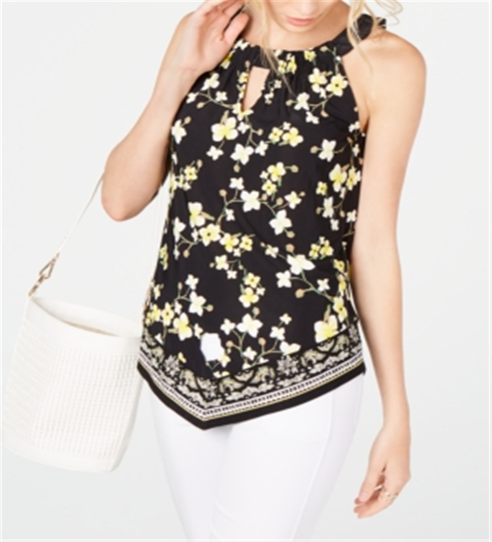 INC International Concepts Top feminino com estampa floral e decote redondo, amarelo e preto, tamanho pequeno
