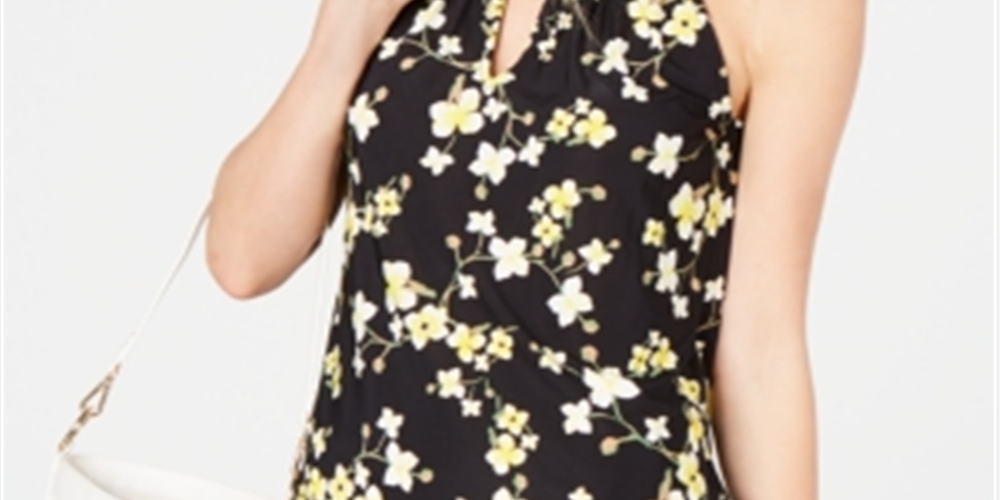 INC International Concepts Top feminino com estampa floral e decote redondo, amarelo e preto, tamanho pequeno