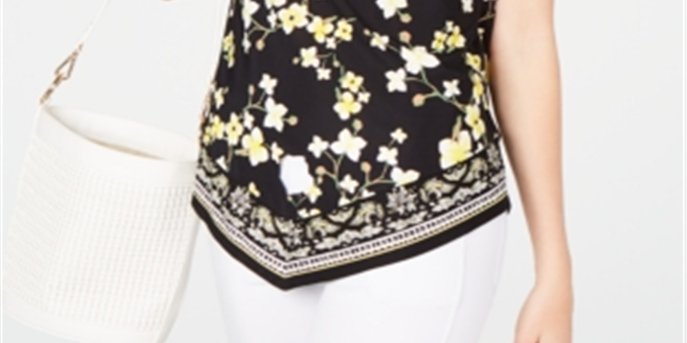 INC International Concepts Top feminino com estampa floral e decote redondo, amarelo e preto, tamanho pequeno