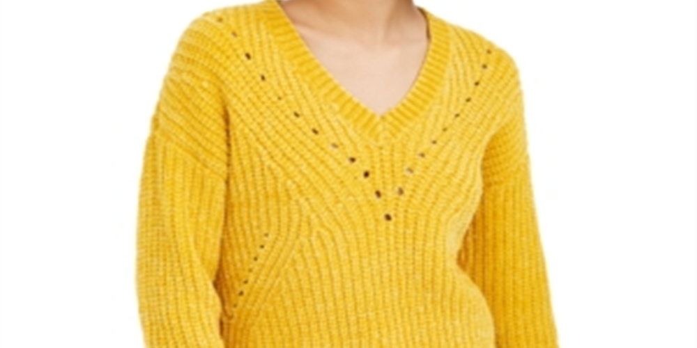 Suéter curto feminino Bar III com decote em V e ilhós, tamanho XS, dourado