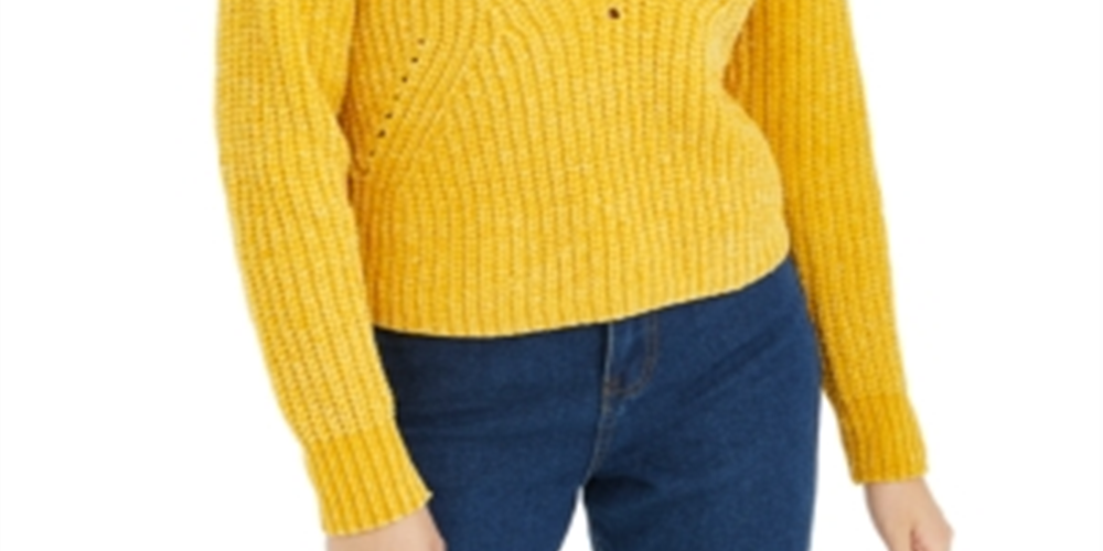 Suéter curto feminino Bar III com decote em V e ilhós, tamanho XS, dourado