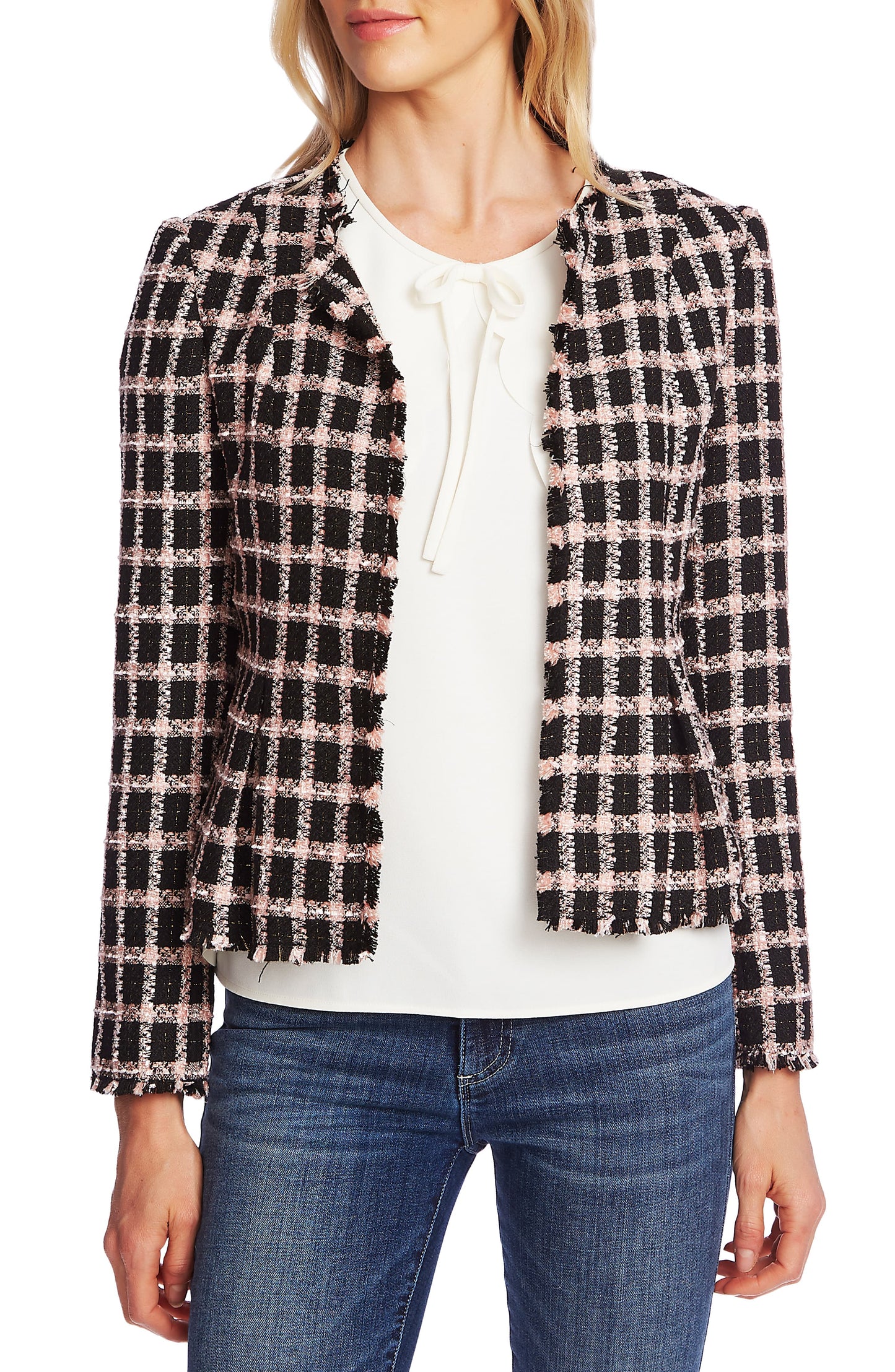 Jaqueta xadrez desfiada feminina Cece para usar no trabalho, cinza, tamanho 14