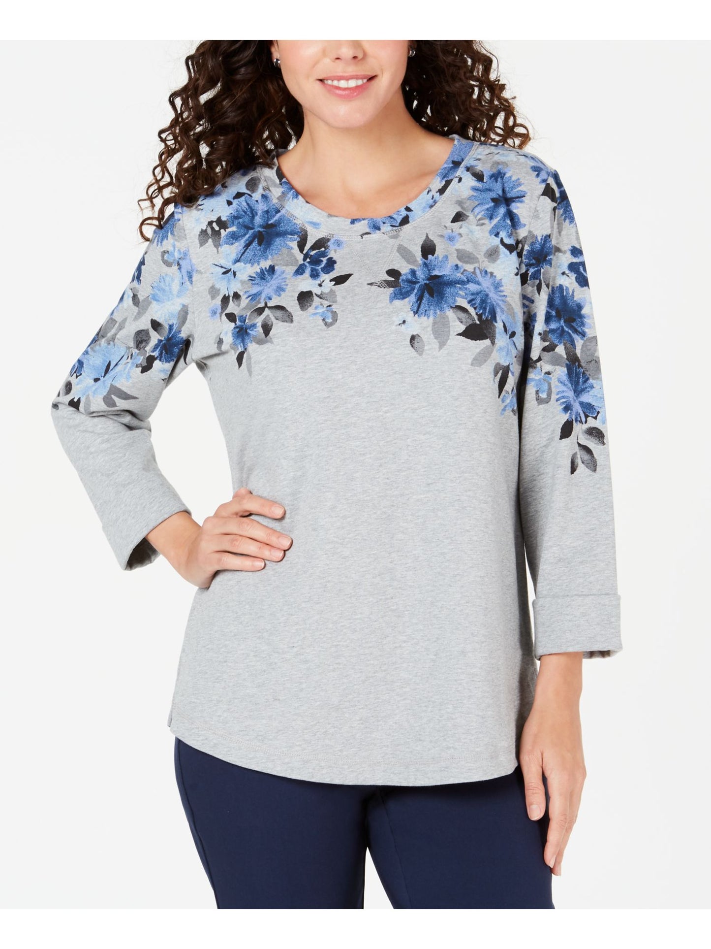 Karen Scott Moletom feminino estampado manga 3/4 cinza tamanho pequeno P