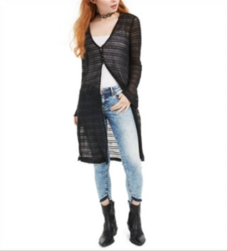 Cardigan Duster de malha aberta American Rag Junior's Crochet TrimOpen, preto clássico, tamanho M