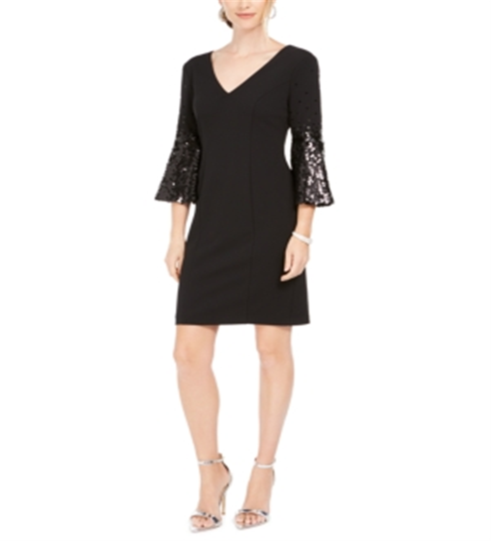 Vestido de coquetel feminino Vince Camuto com lantejoulas e manga flare, preto, tamanho 12